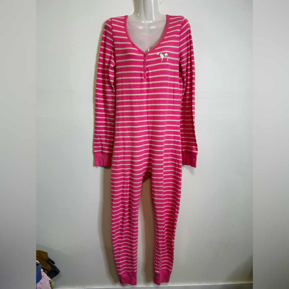 ◾️Y2K PINK Victoria Secret Pajama Striped Pink Onesie With Bum Flap